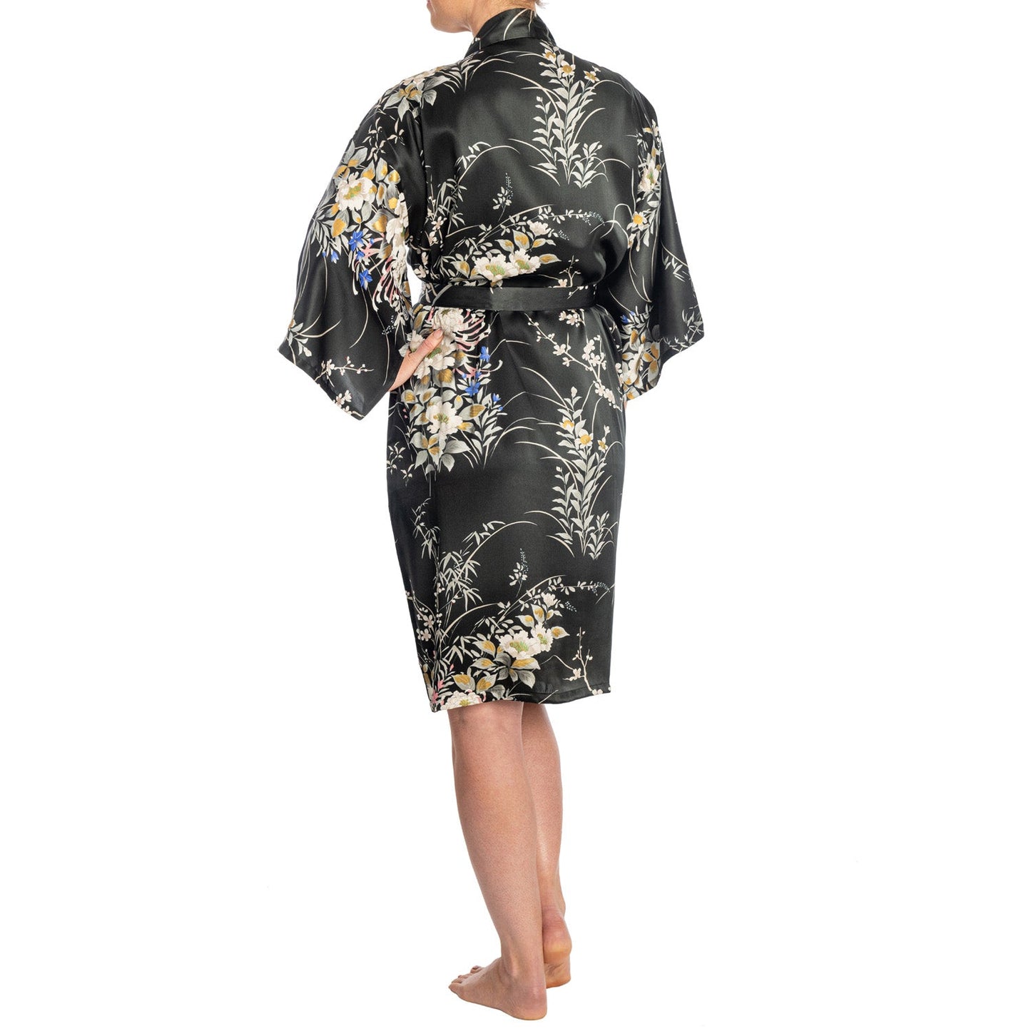 Japanese Silk Kimono Floral Print Short Black