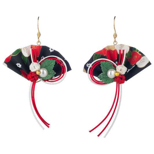 Kotobuki Black Green and Red Fan Japanese Earrings
