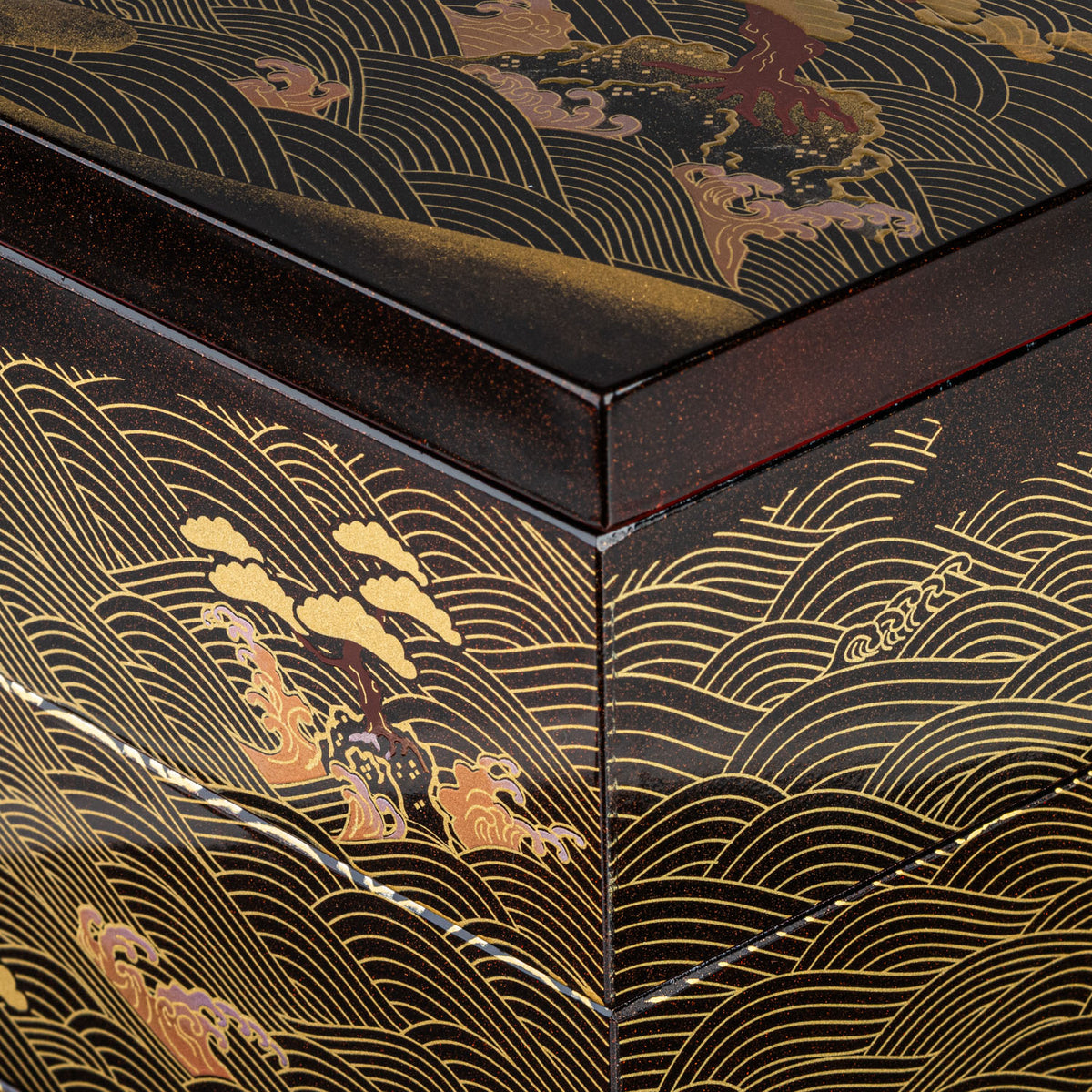 Large Matsushima 3 Tier Japanese Lacquer Box detail