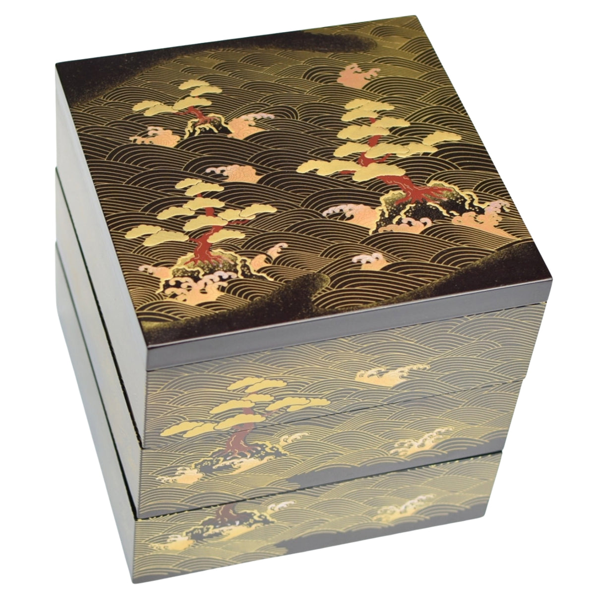Large Matsushima 3 Tier Japanese Lacquer Box