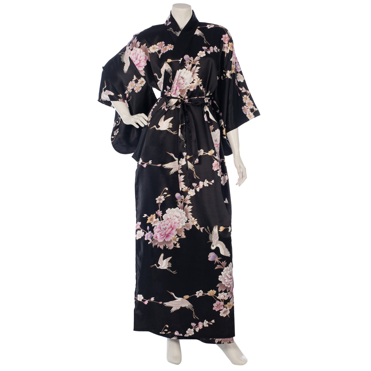 Long Black Silk Floral Crane Japanese Kimono