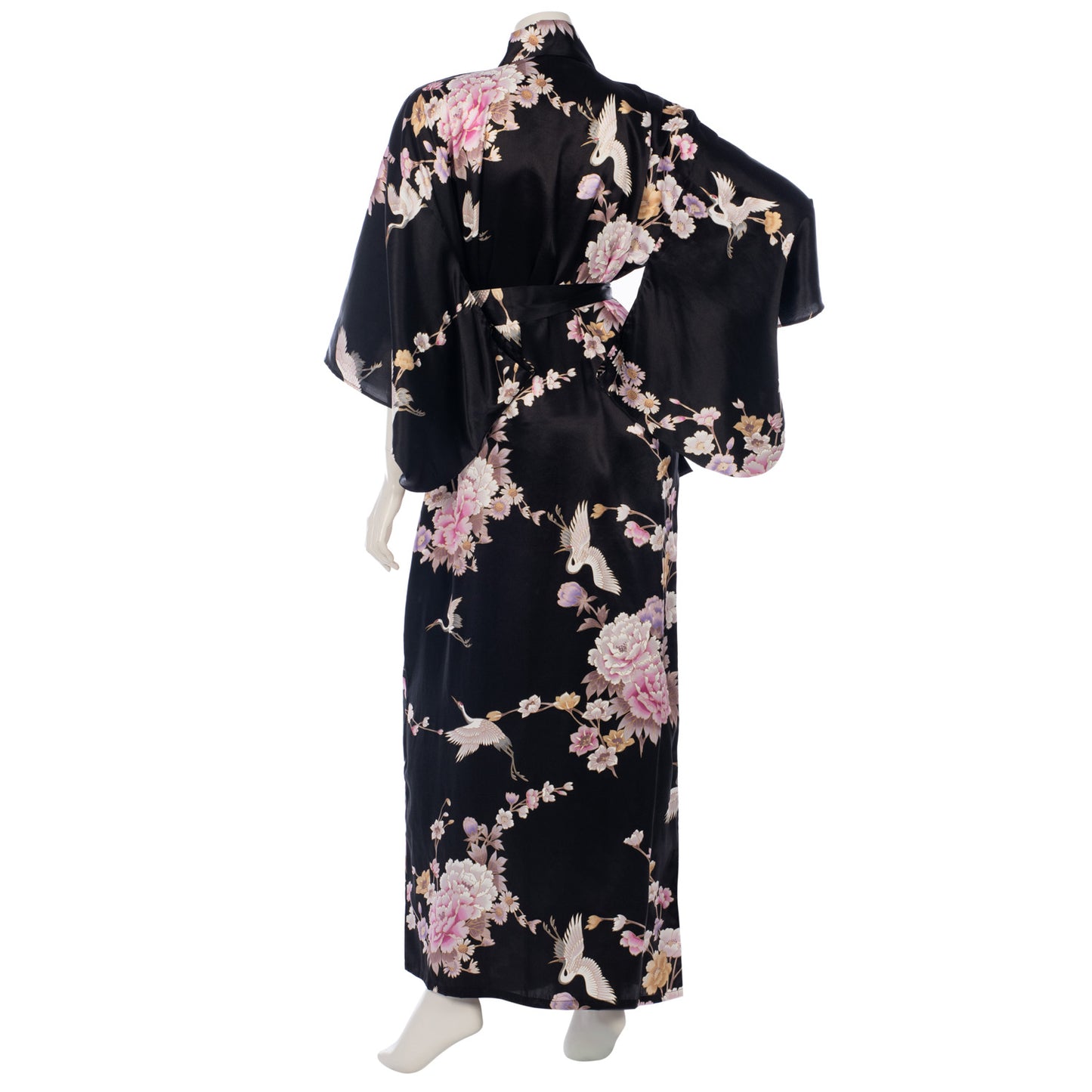 Long Black Silk Floral Crane Japanese Kimono back