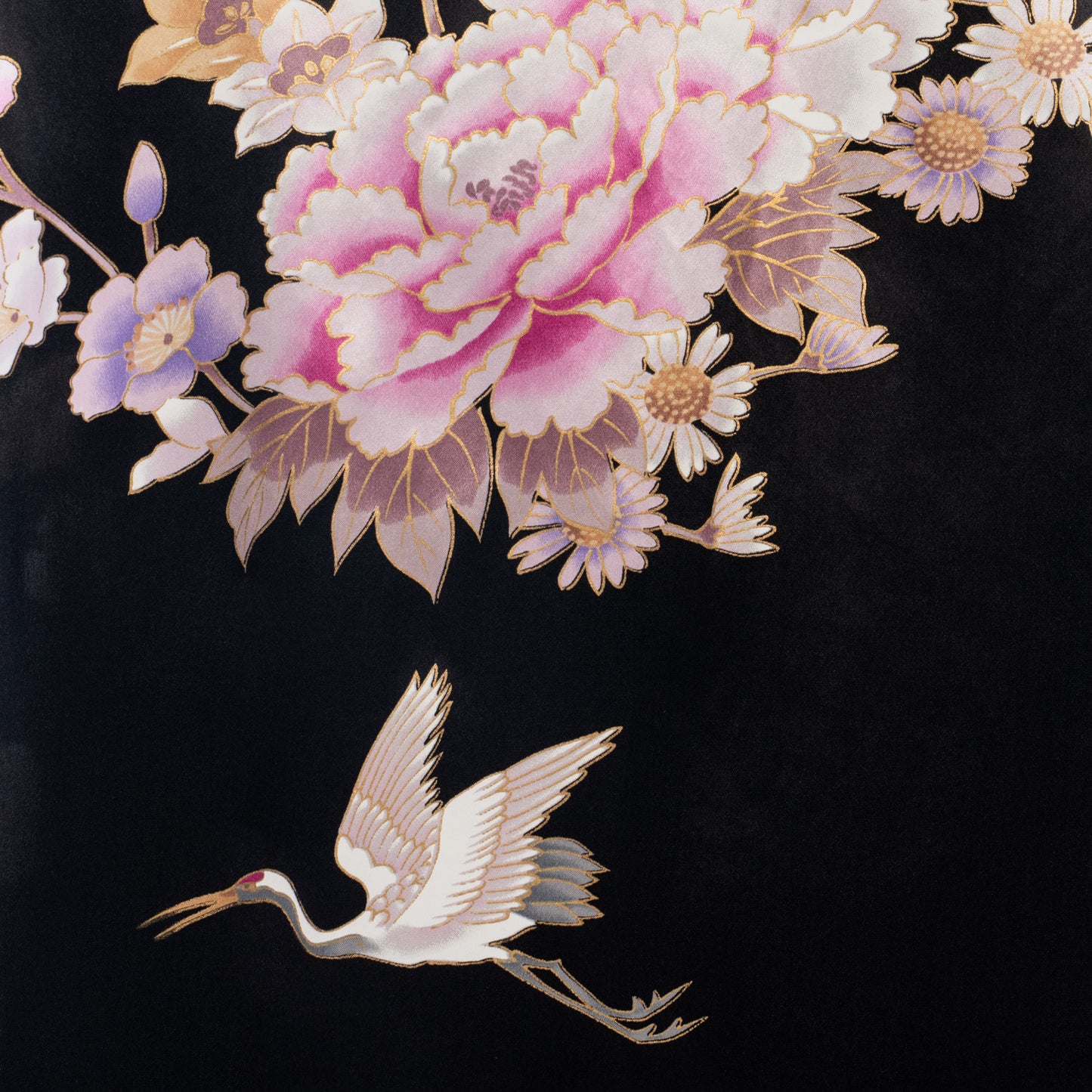 Long Black Silk Floral Crane Japanese Kimono detail