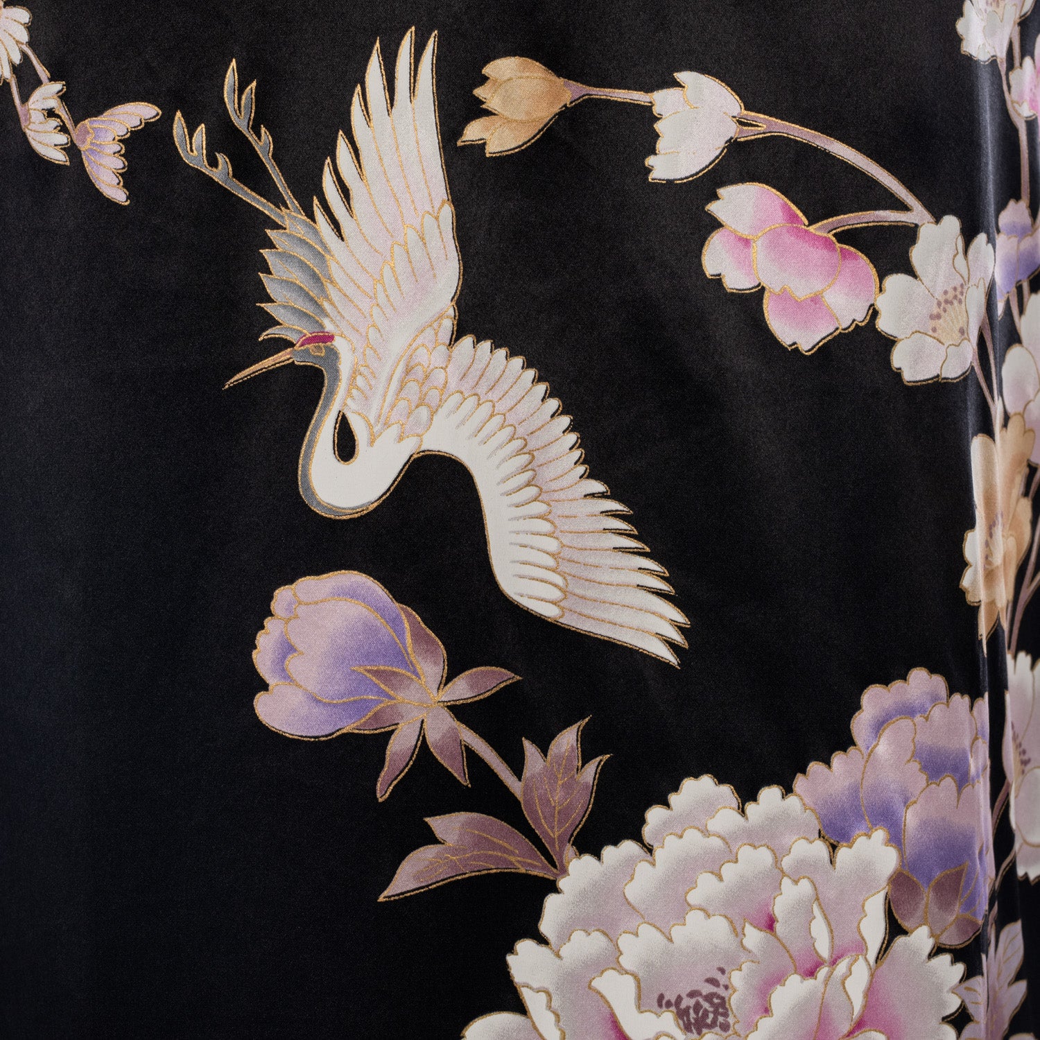 Long Black Silk Floral Crane Japanese Kimono close up