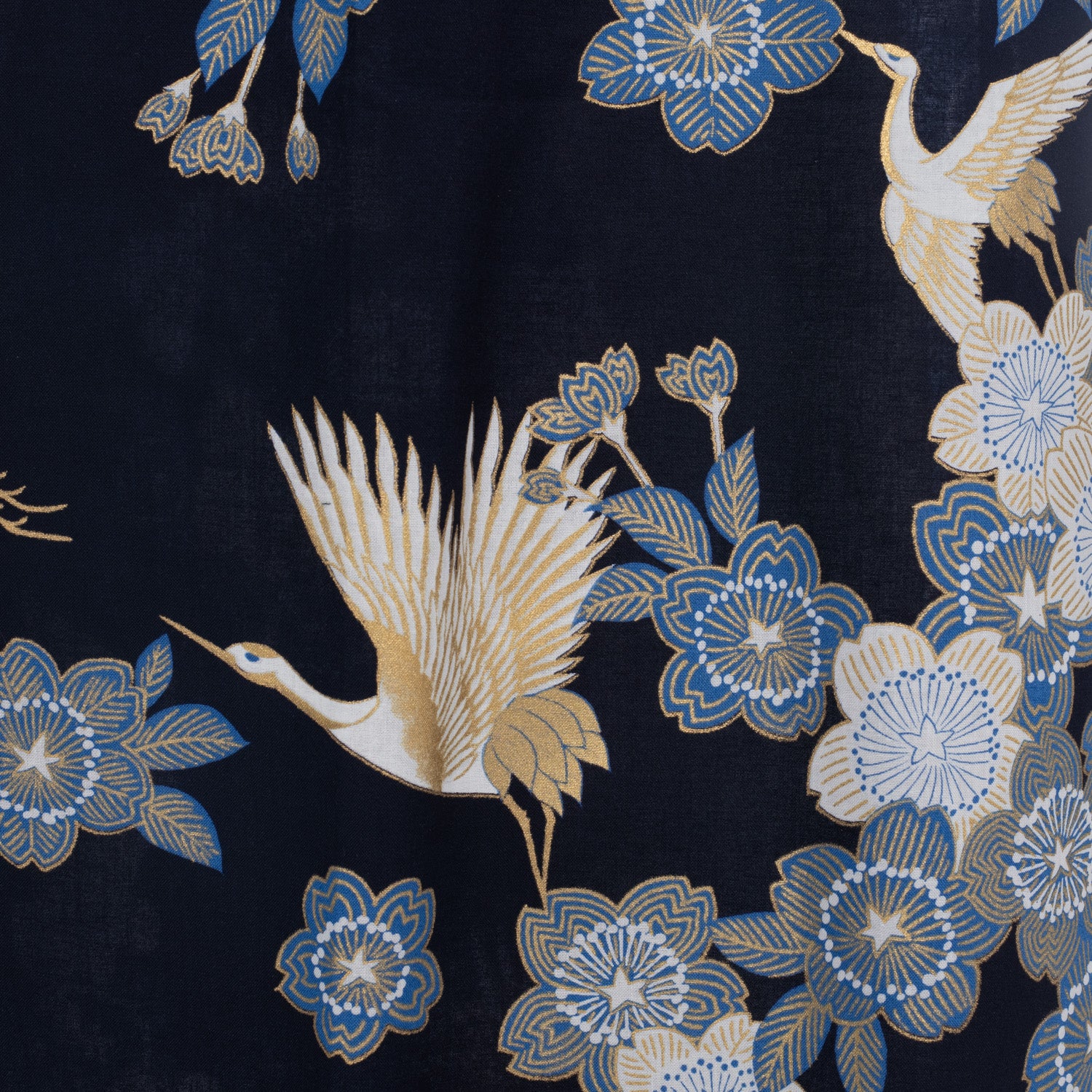 Long Navy Crane Floral Japanese Kimono pattern