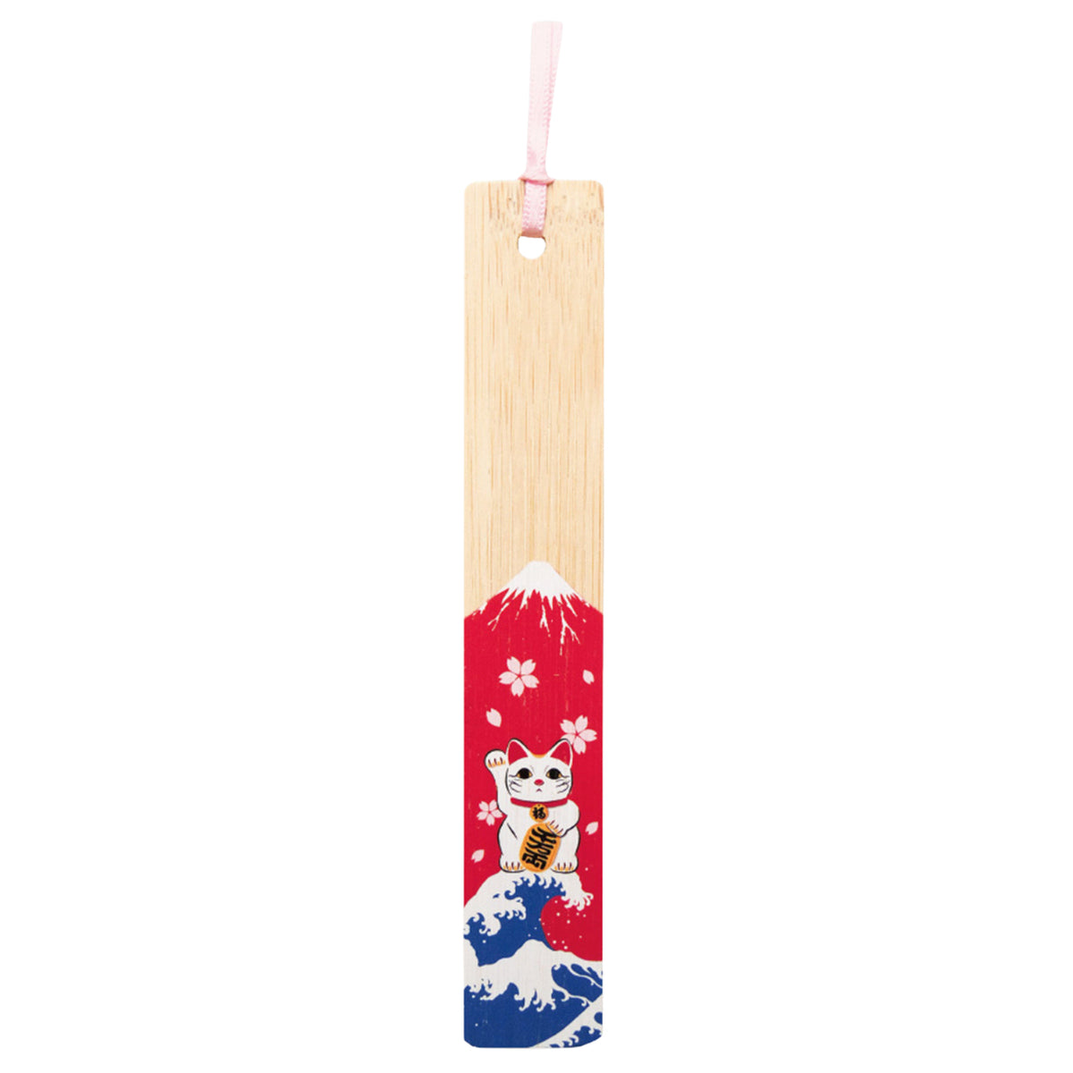 Lucky Cat and Red Fuji Japanese Bamboo Bookmark