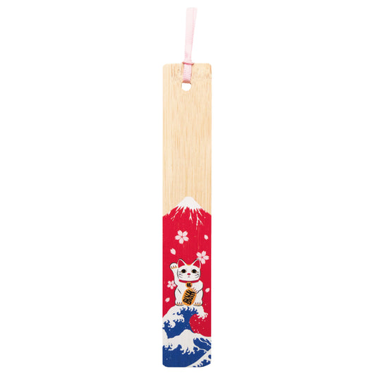 Lucky Cat and Red Fuji Japanese Bamboo Bookmark