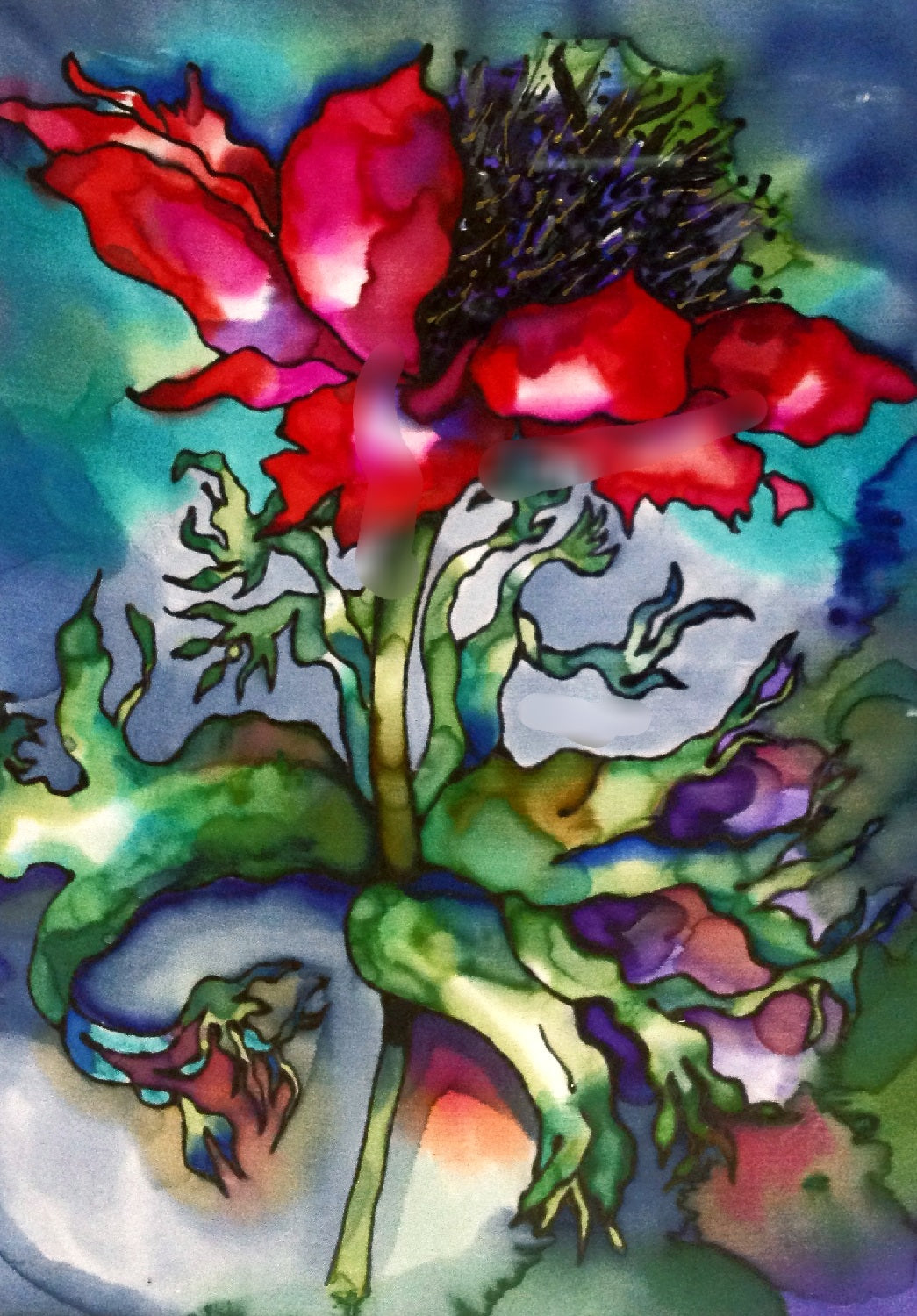Majestic Anenome Silk Painting Greetings Card detail