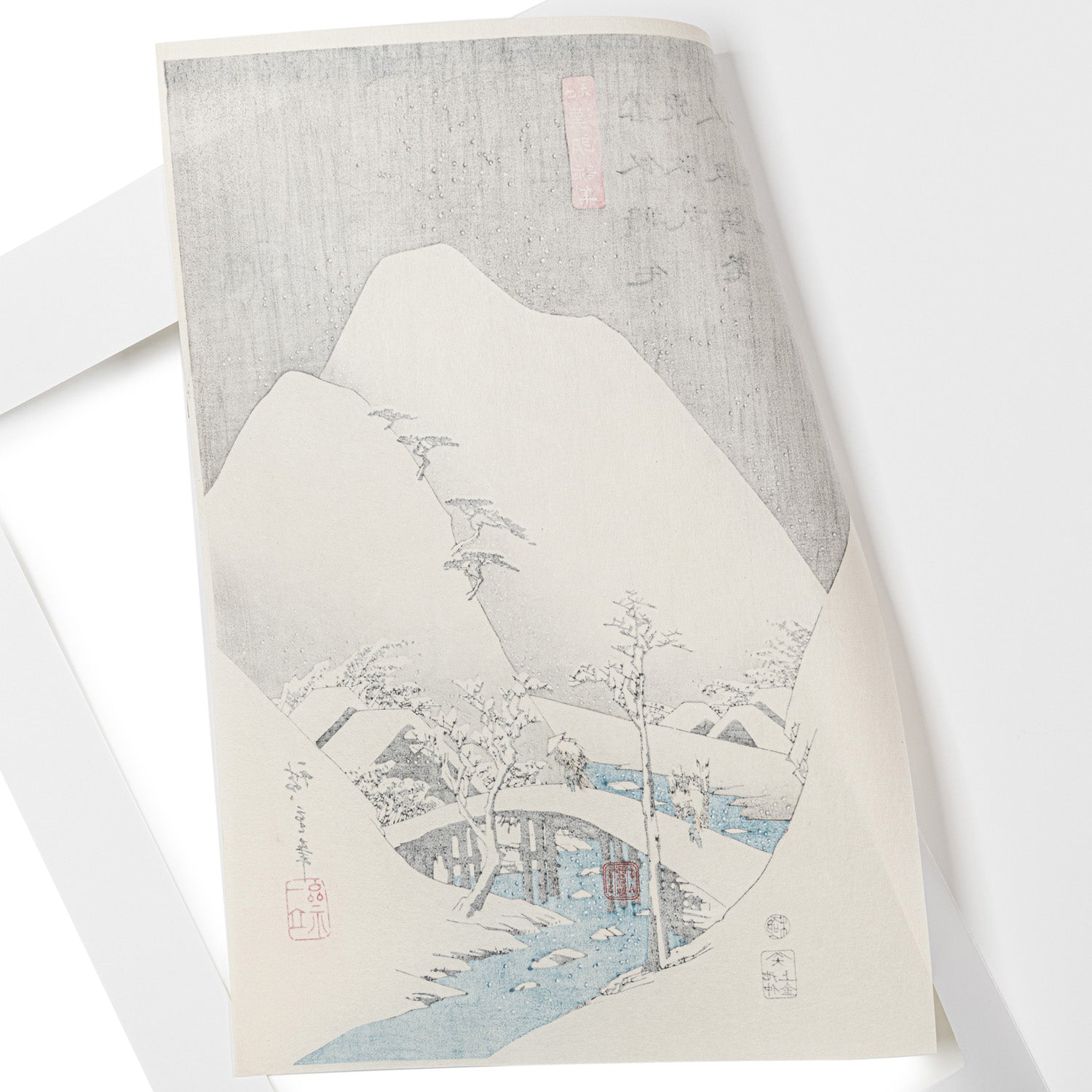 Man Crossing Bridge Japanese Woodblock Print