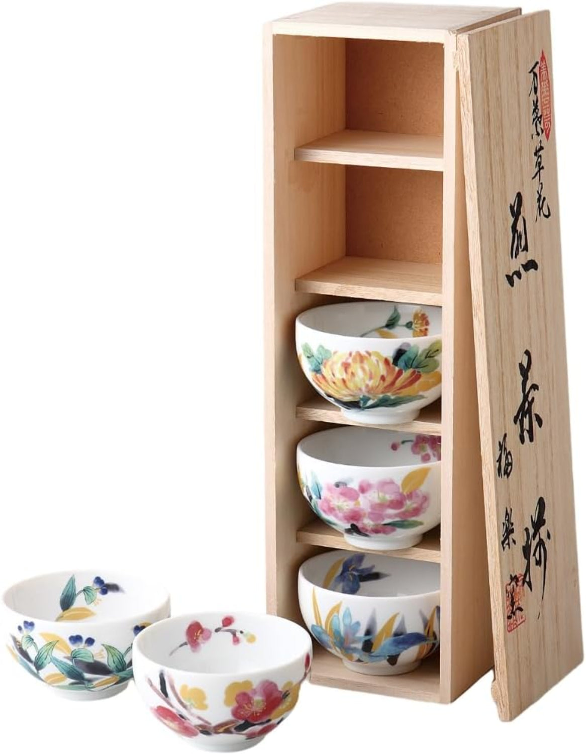Manyo Flowers Japanese Teacup Gift Set cups in the wooden gift box