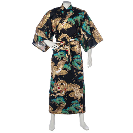 Mens Black Dragon and Phoenix Cotton Japanese Kimono
