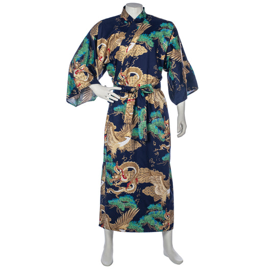 Mens Navy Dragon and Phoenix Cotton Japanese Kimono