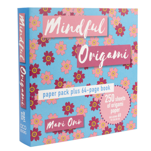 A vibrant book, "Mindful Origami". It includes 250 origami papers and a 64-page guide