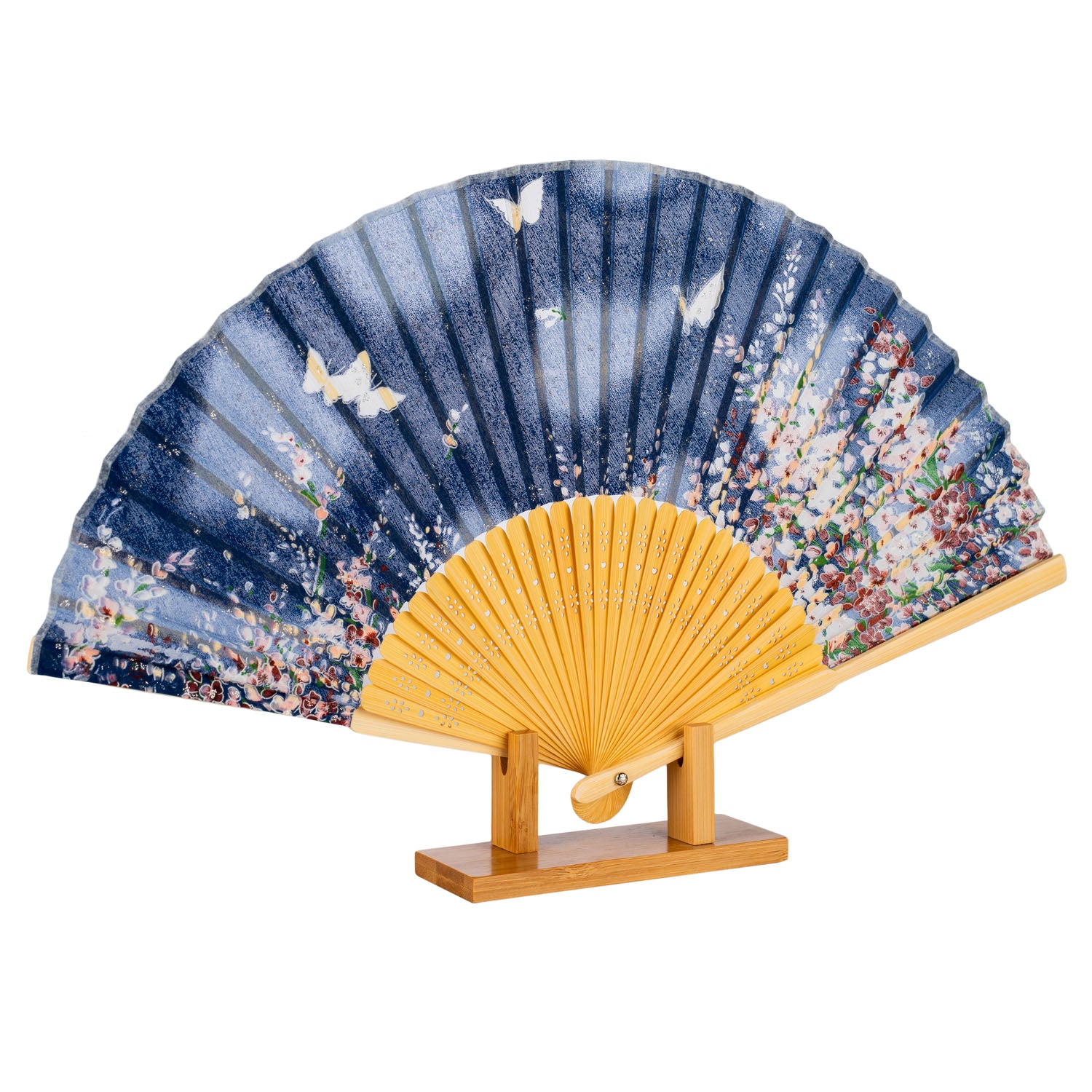 Navy Blue Butterfly Japanese Folding Fan and stand