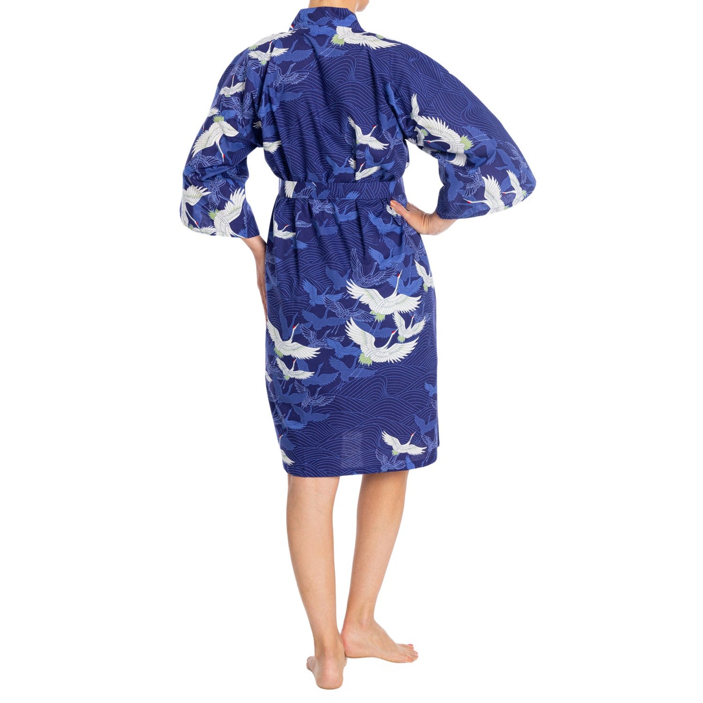 Navy Blue Crane Short Japanese Cotton Kimono