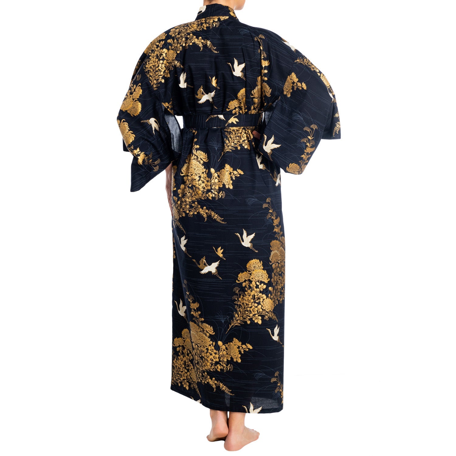 Navy Cotton Crane and Chrysanthemum Kimono