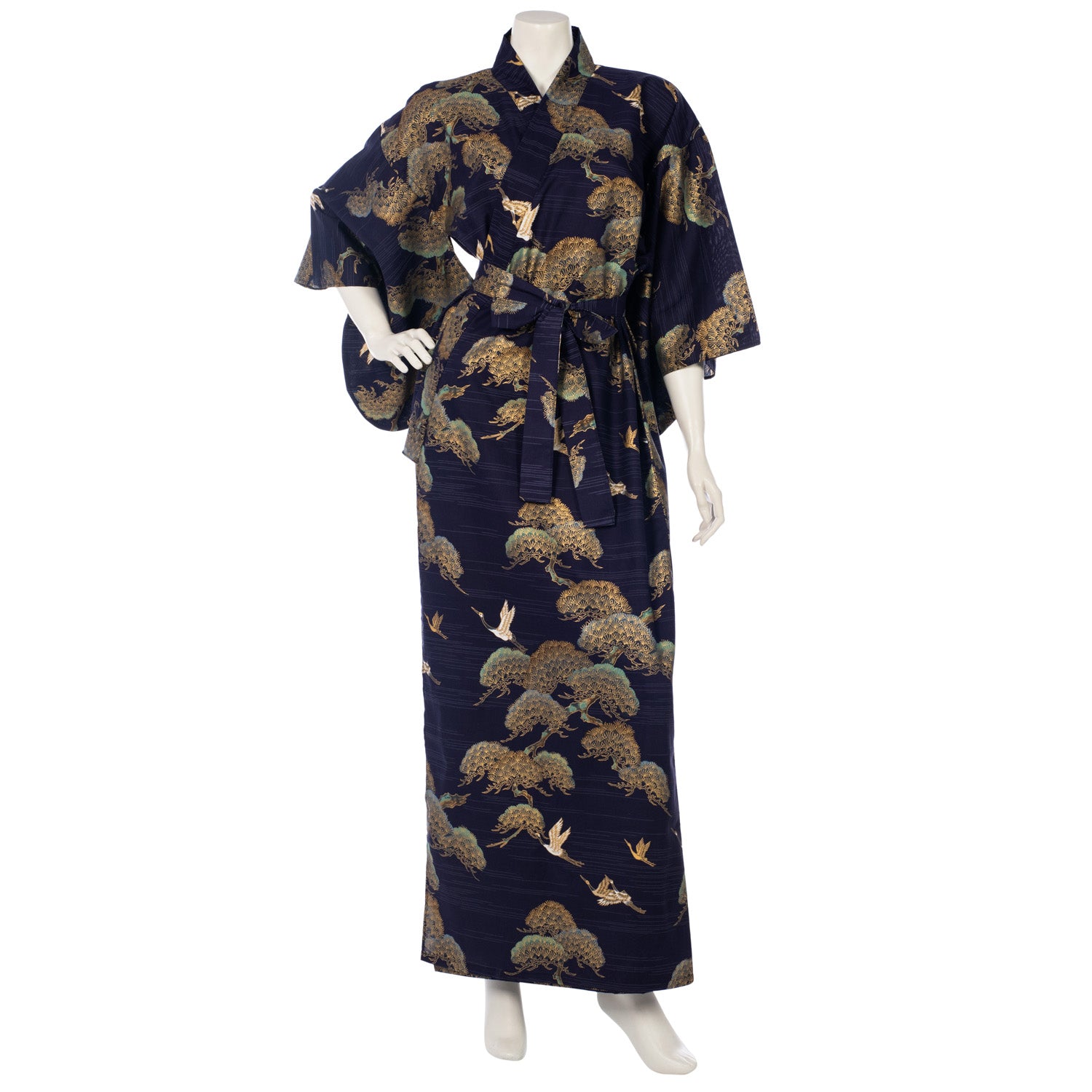 Navy Crane and Pine Long Japanese Kimono