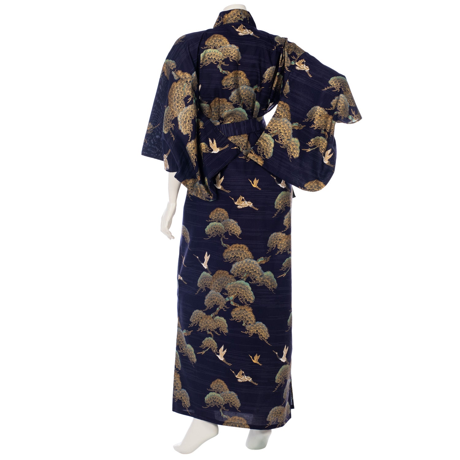 Navy Crane and Pine Long Japanese Kimono back