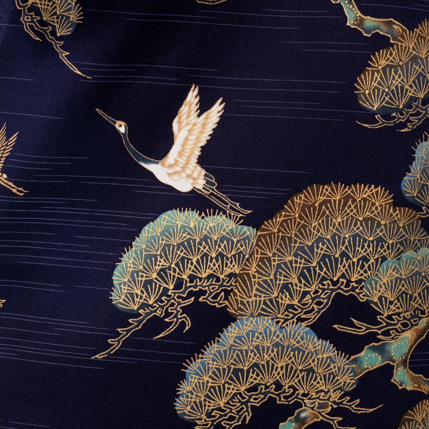 Navy Crane and Pine Long Japanese Kimono detail