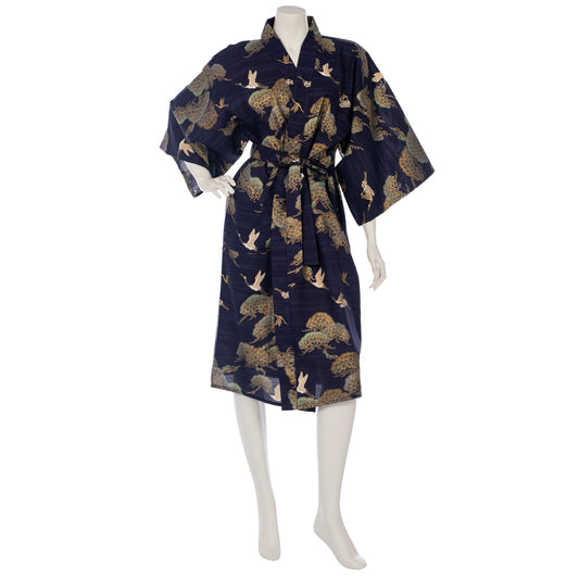 Navy Crane and Pine Short Japanese Kimono