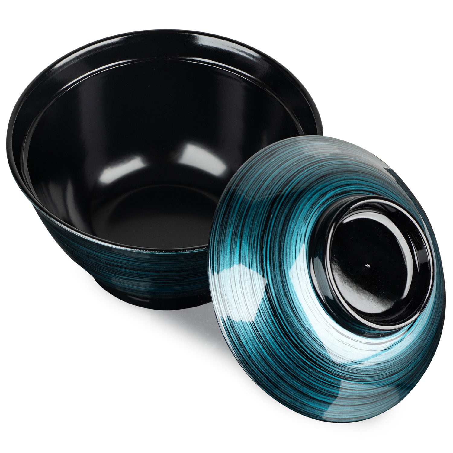 Ocean Blue Japanese Lacquer Large Rice Bowl and Lid open