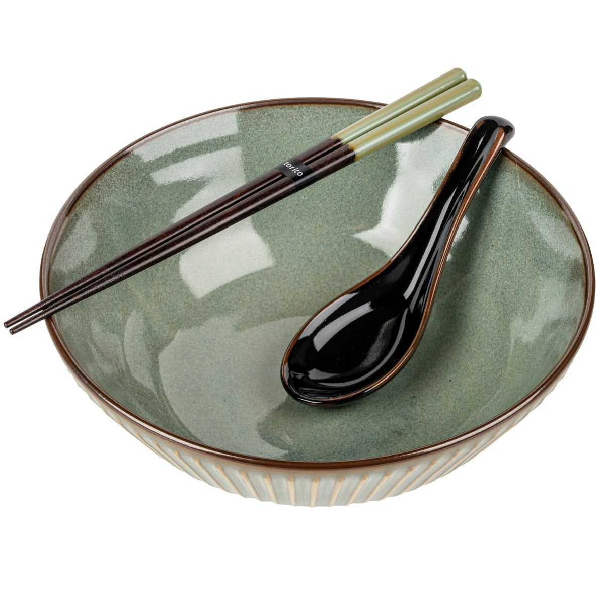 Olive Green Sendan Japanese Ramen Bowl Gift Set bowl, spoon and chopsticks 