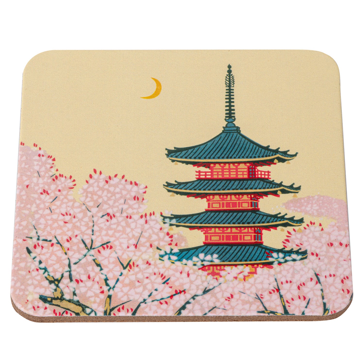 Pagoda and Cherry Blossom Cork Japanese Coaster