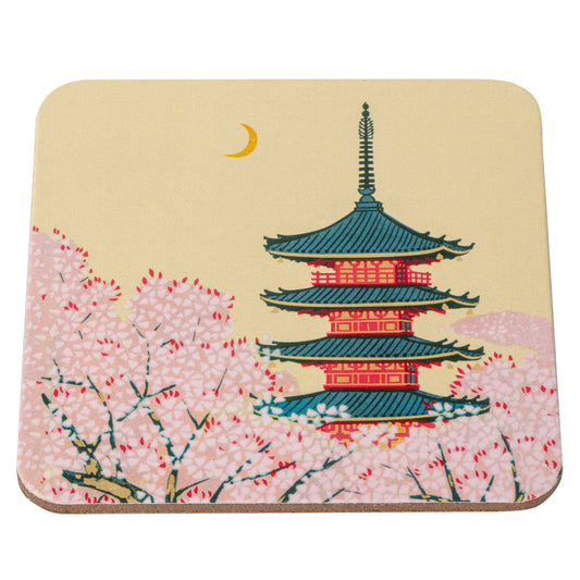 Pagoda and Cherry Blossom Cork Japanese Coaster