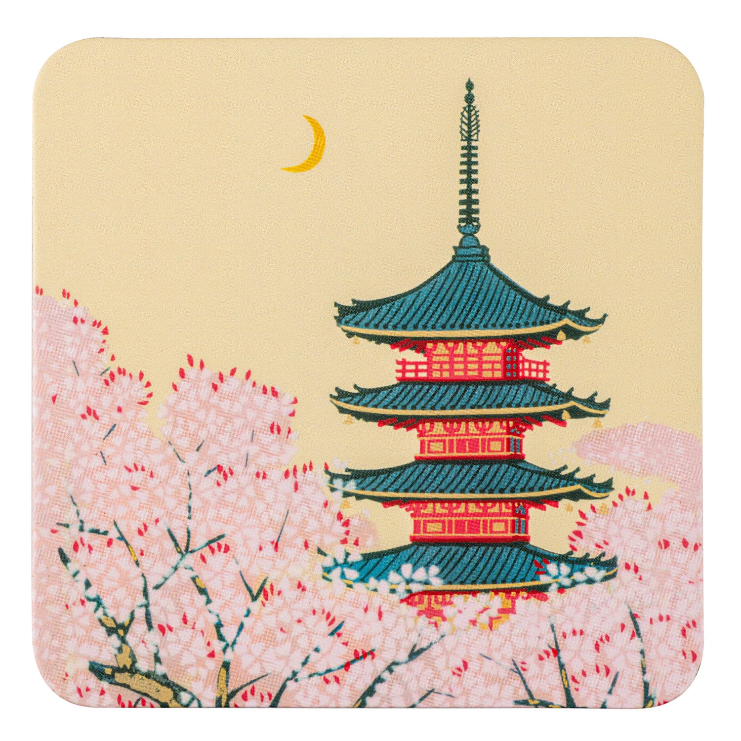 Pagoda and Cherry Blossom Cork Japanese Coaster top