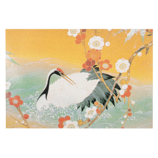 A painting of a crane in water amid cherry blossoms and bamboo