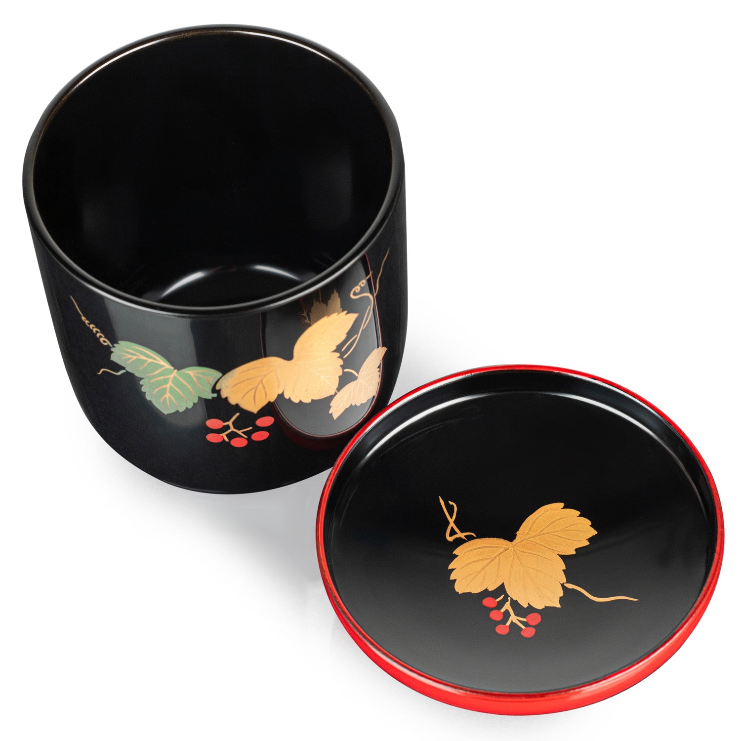 Premium Gold Ivy Japanese Urushi Wooden Bowl and Lid open