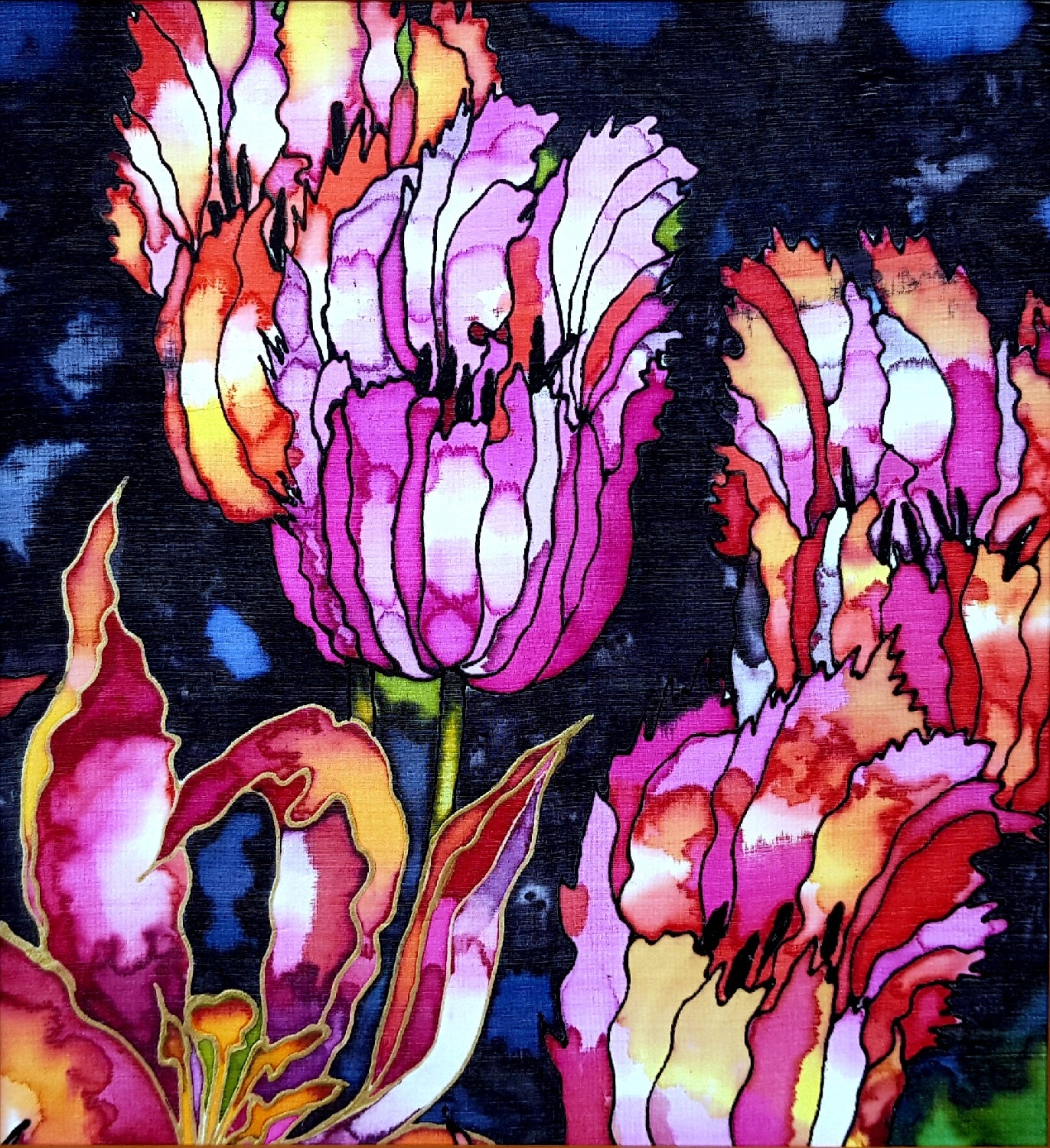 Purple Parrot Tulips Silk Painting Greetings Card detail