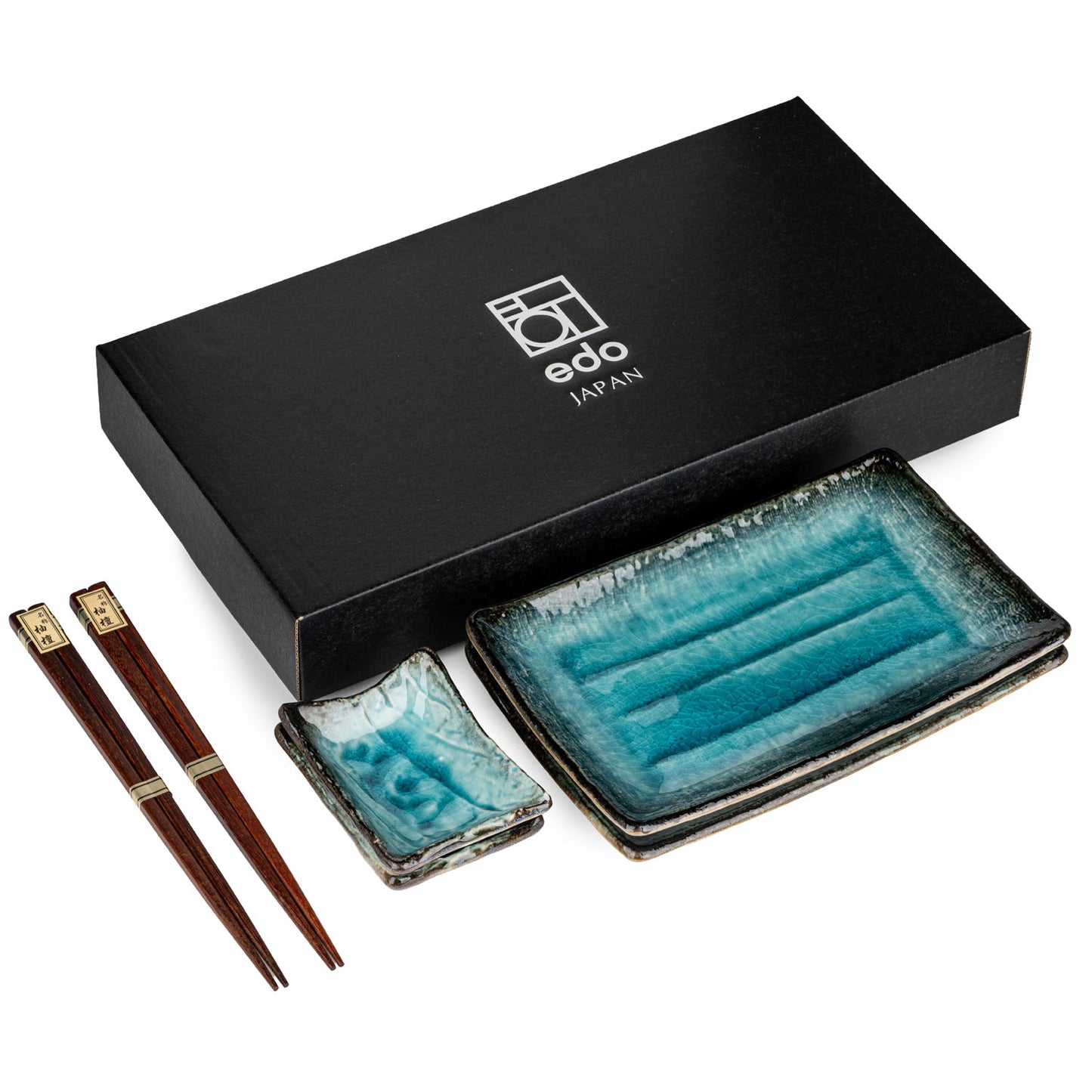 Sea Blue Crackleglaze Japanese Sushi Gift Set and gift box