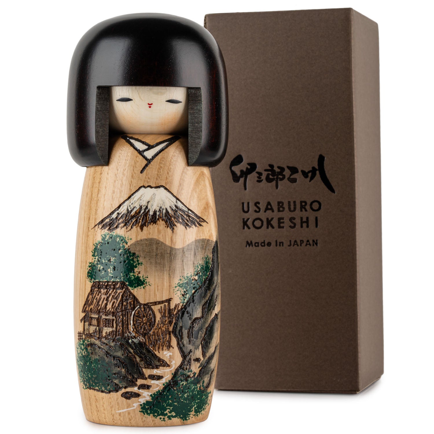 Serene Fuji Landscape Japanese Kokeshi Doll and gift box
