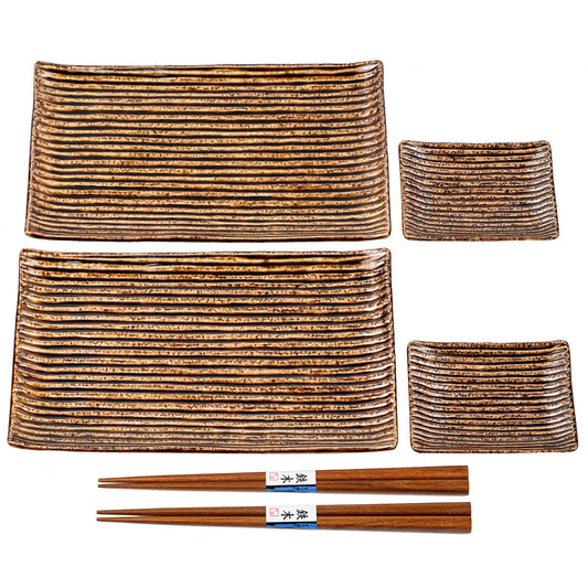 Shinogi Brown Ribbed Japanese Ceramic Sushi Set