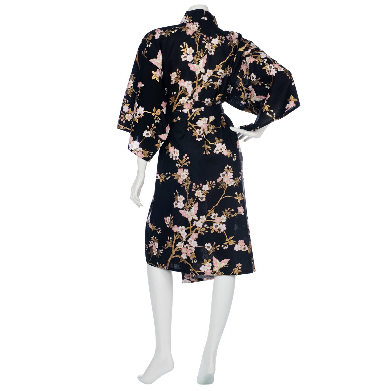 Short Black and Pink Cherry Blossom Japanese Kimono back