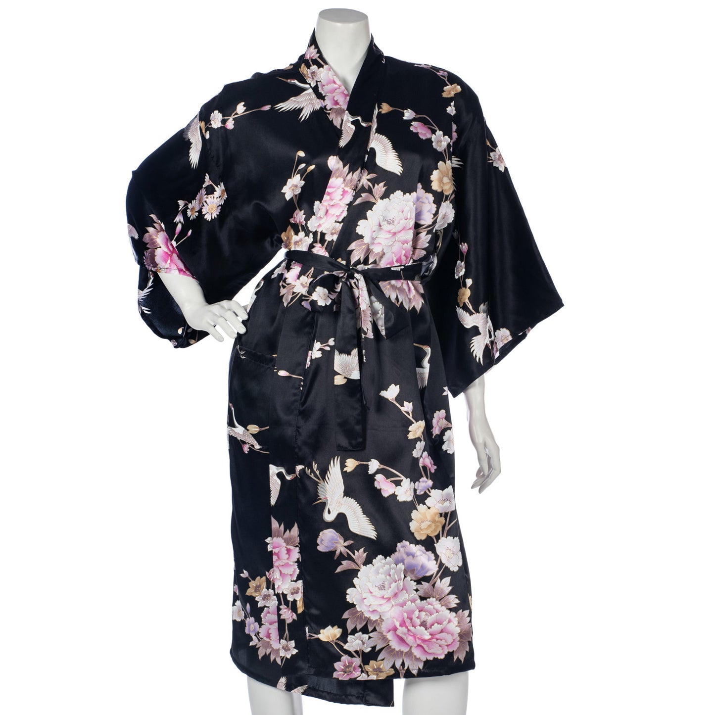 Short Black Silk Floral Crane Japanese Kimono close up