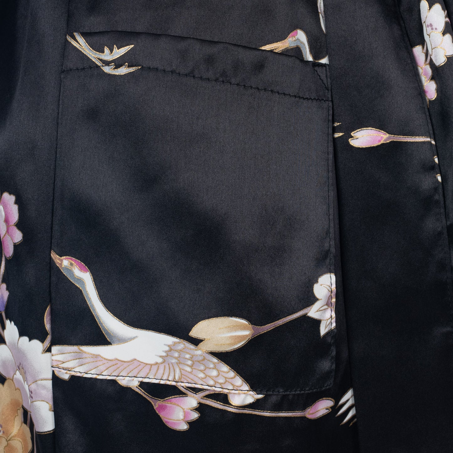 Short Black Silk Floral Crane Japanese Kimono pocket