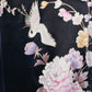 Short Black Silk Floral Crane Japanese Kimono detail