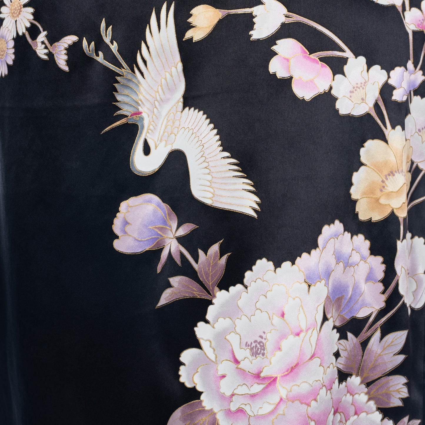 Short Black Silk Floral Crane Japanese Kimono detail