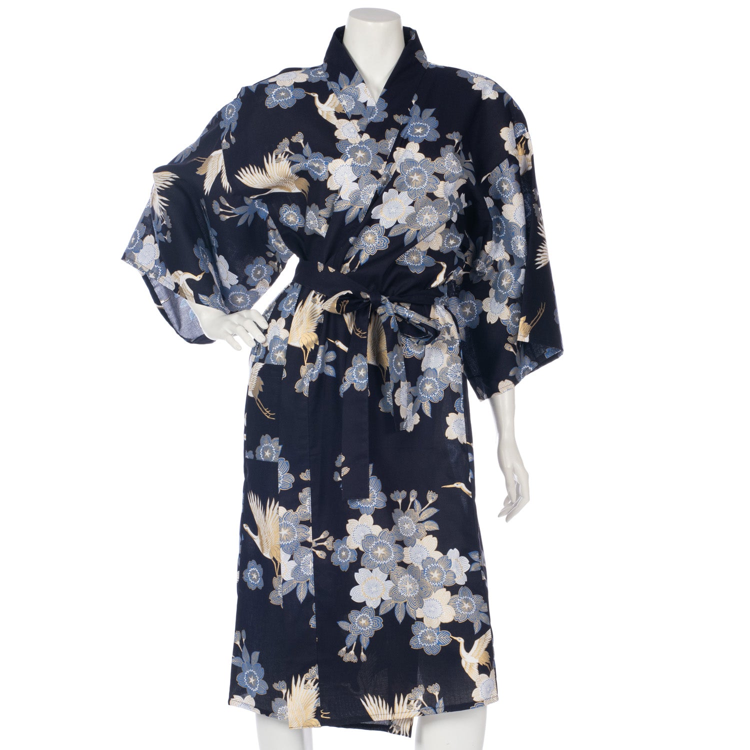 Short Navy Crane Floral Japanese Kimono