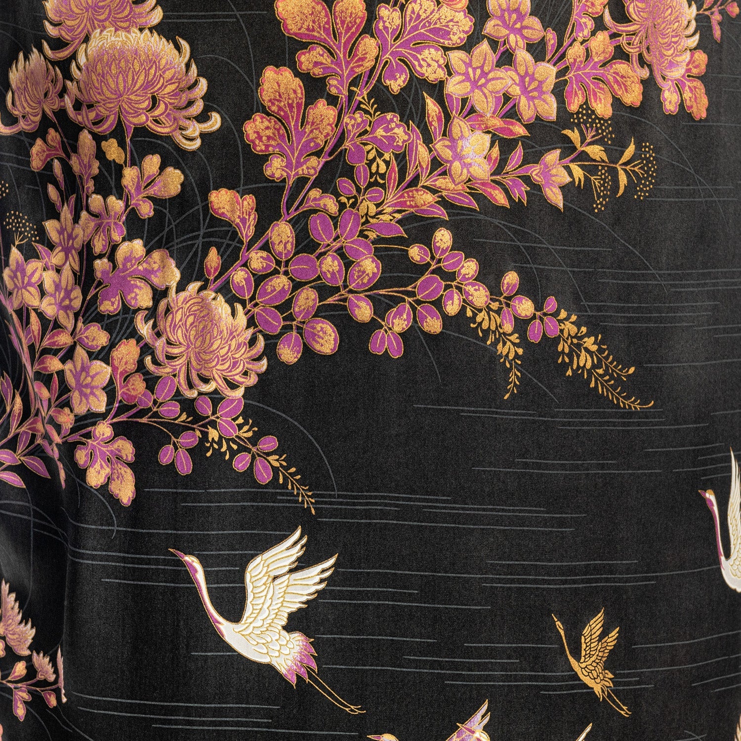 Silk Crane and Chrysanthemum Long Black Yukata