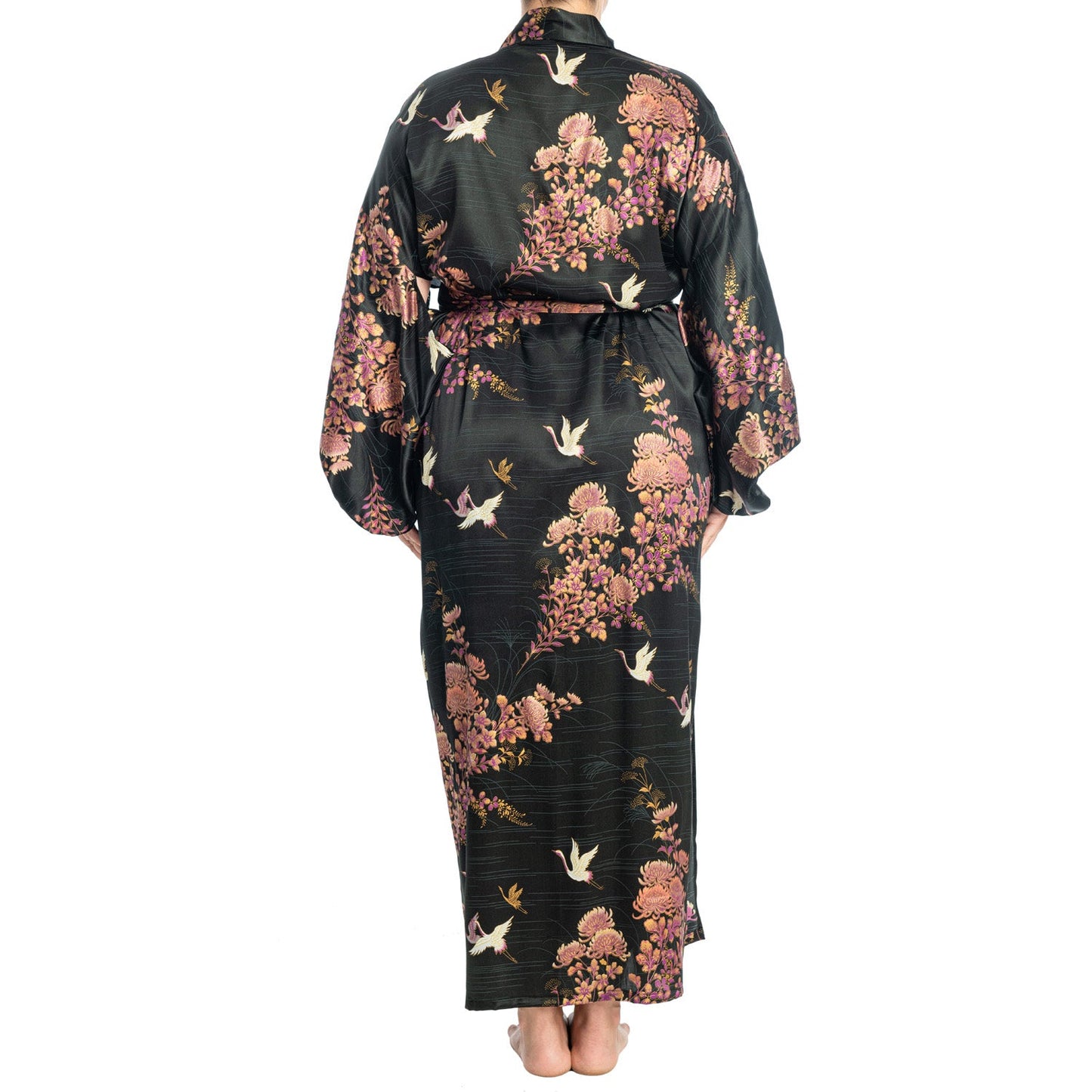 Silk Crane and Chrysanthemum Long Black Yukata XL