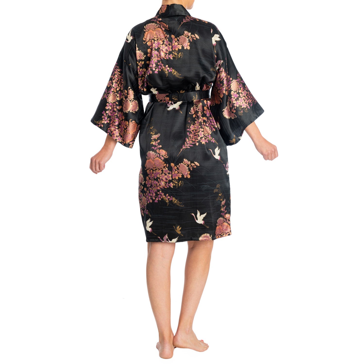 Silk Crane and Chrysanthemum Short Black Yukata