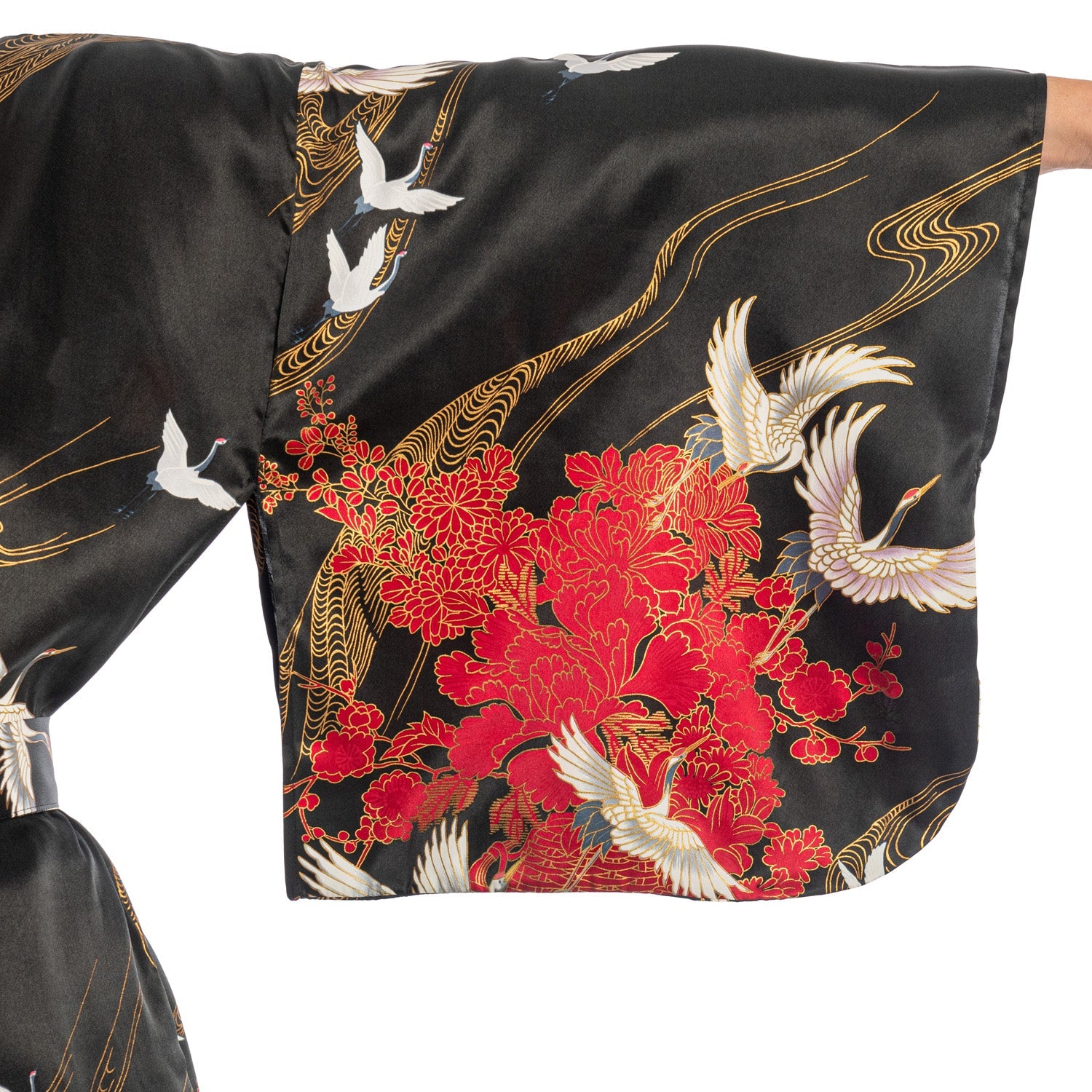 Silk Crane Print Long Black Japanese Kimono