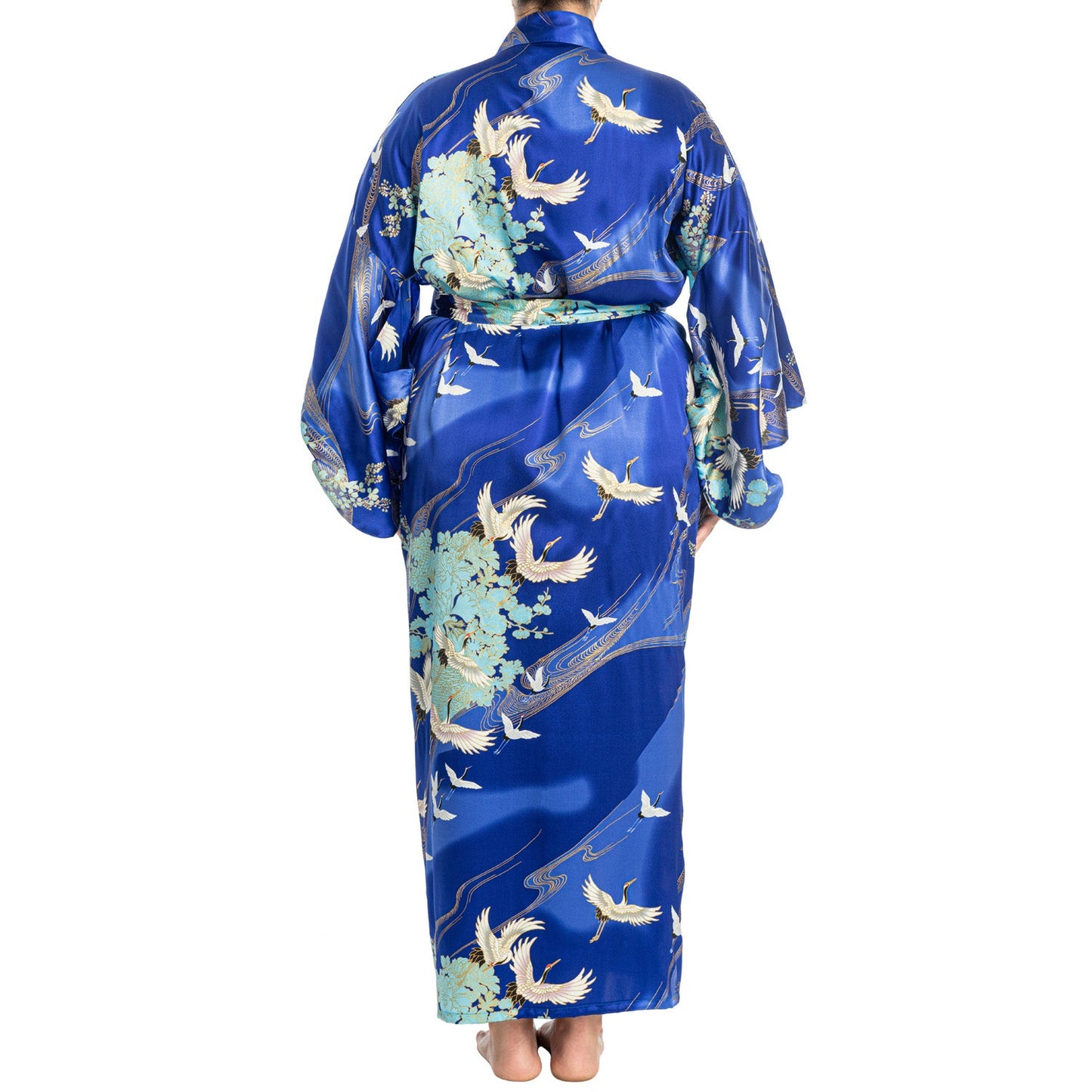 Silk Crane Print Long Blue Japanese Kimono XL