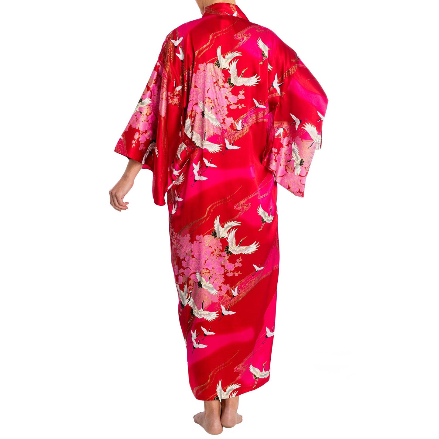 Silk Crane Print Long Red Japanese Kimono