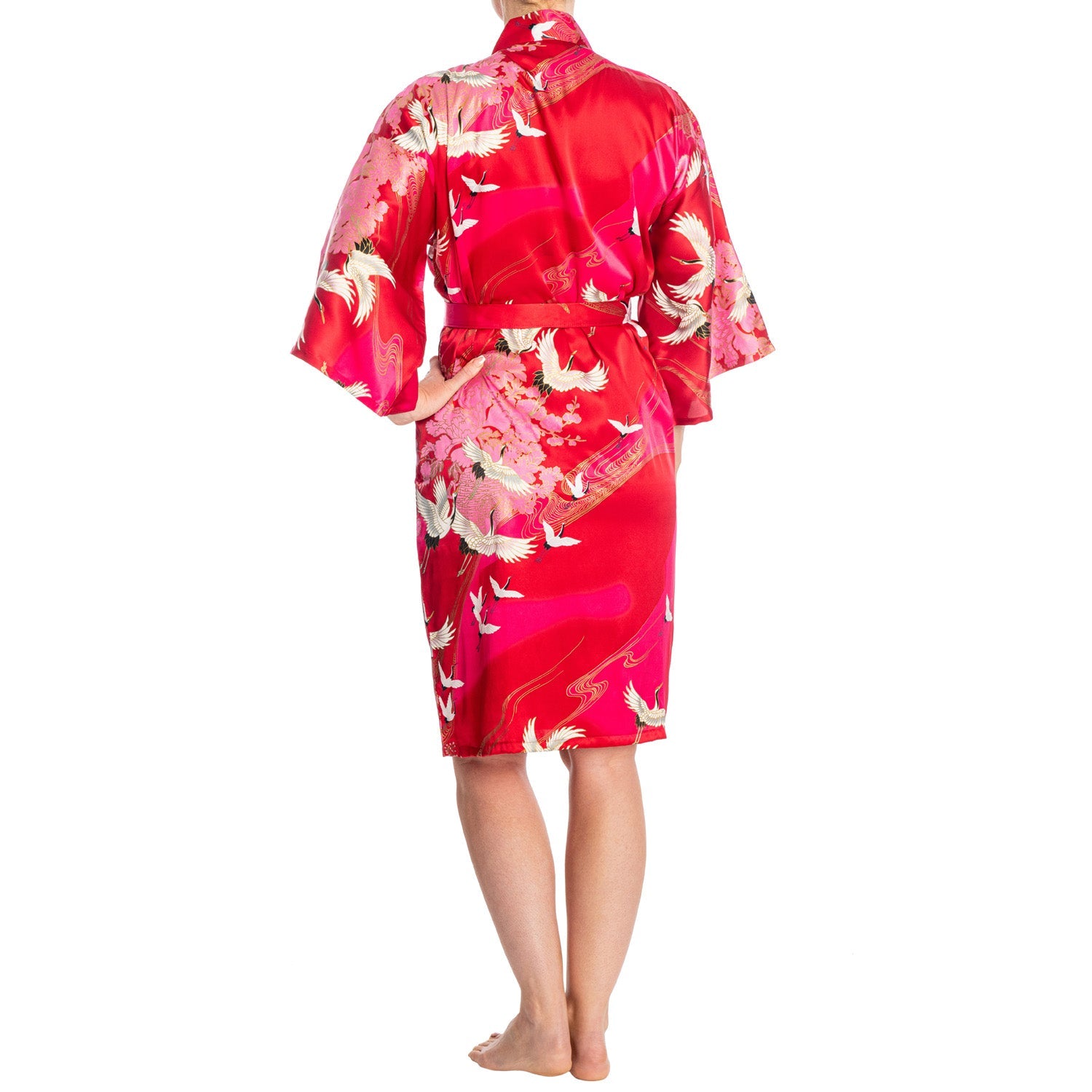 Silk Crane Print Short Red Japanese Kimono