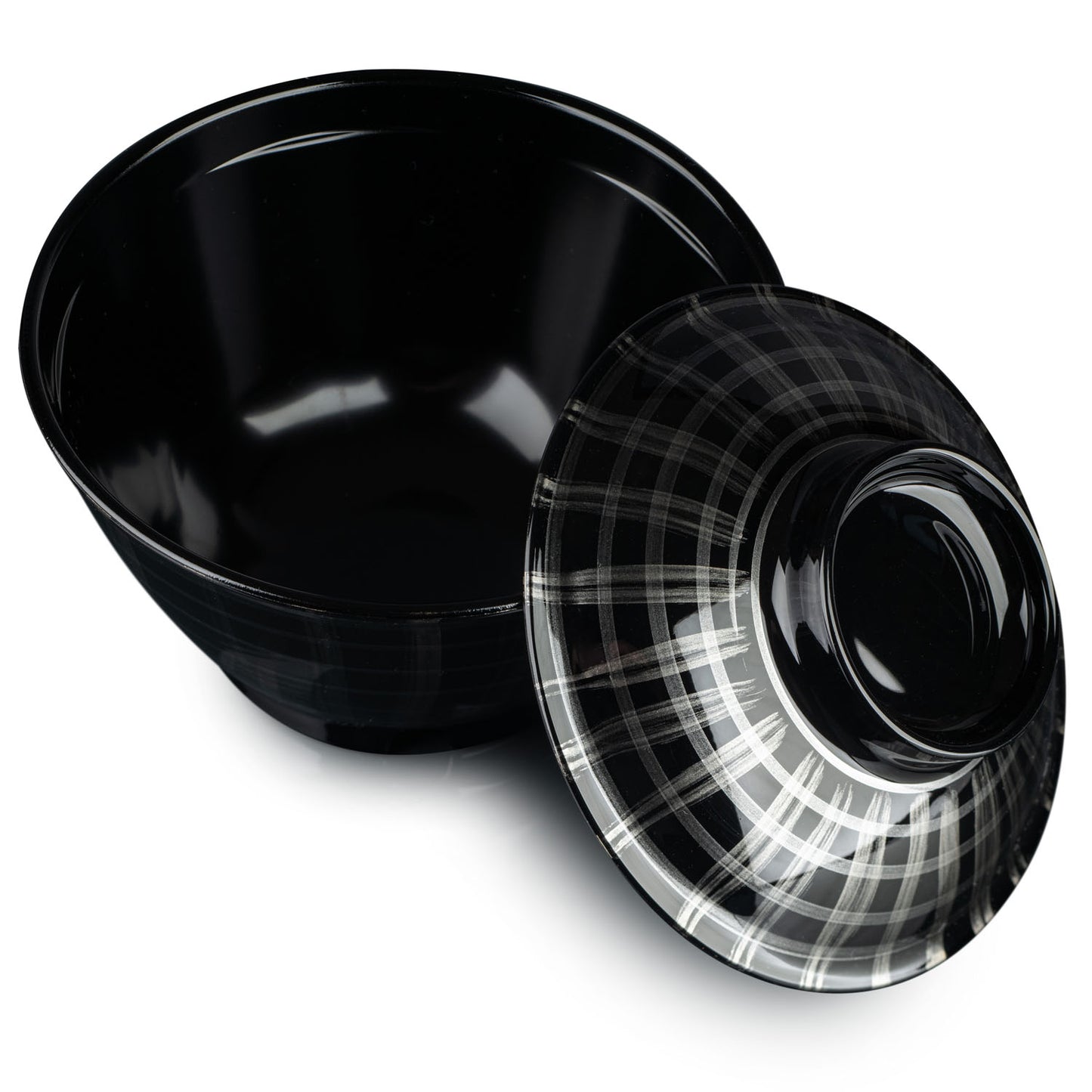 Silver Lattice Japanese Lacquer Small Rice Bowl and Lid open