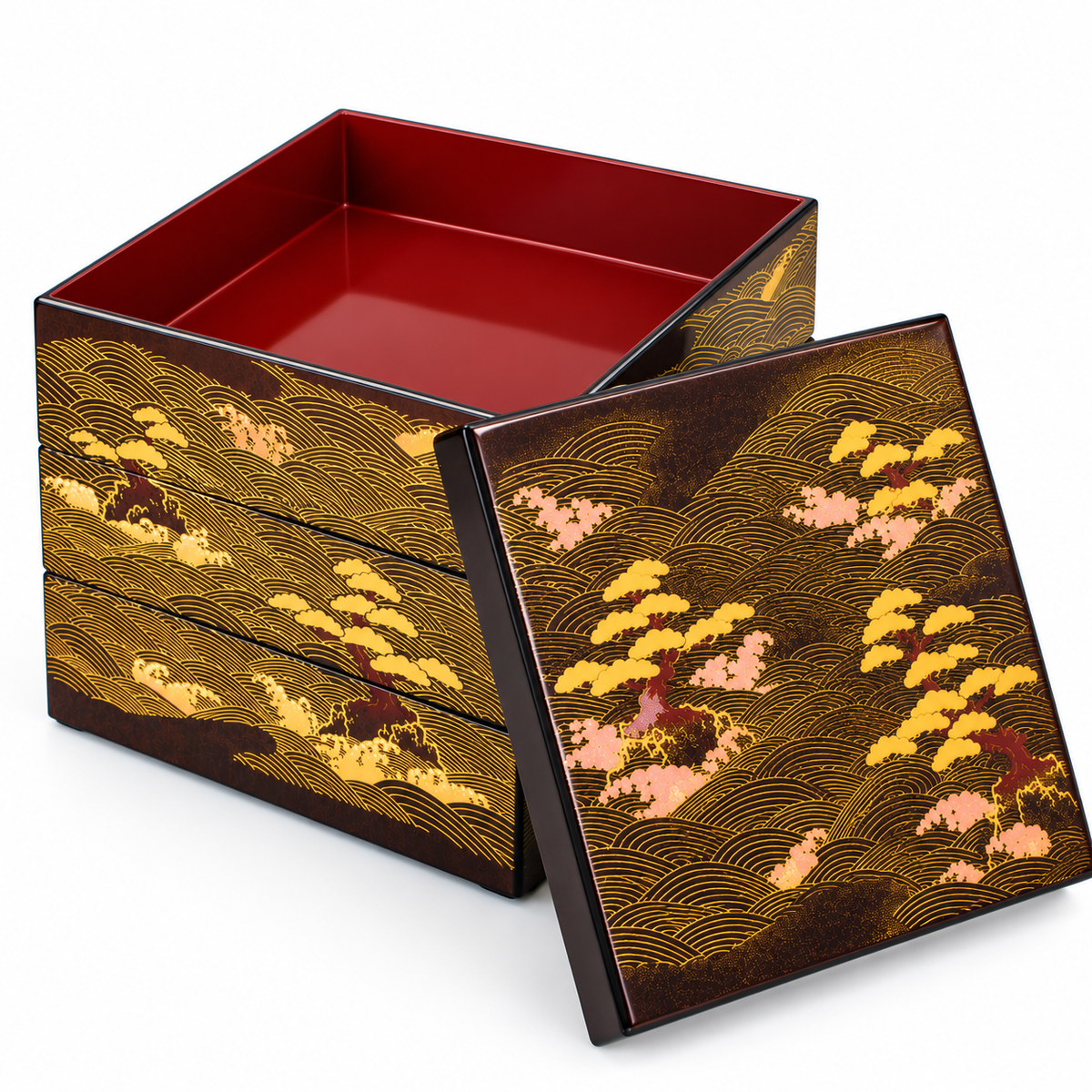 Small Matsushima 3 Tier Japanese Lacquer Box open